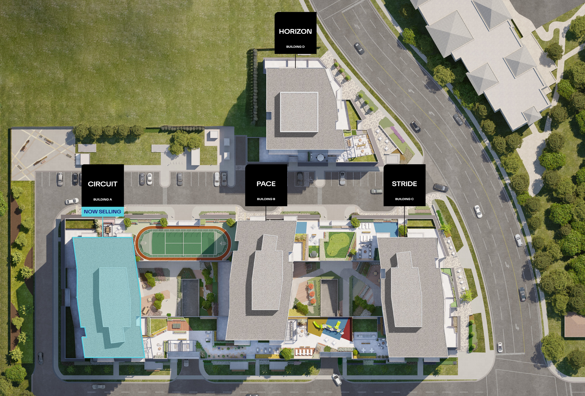 Siteplan of Weber Yards highlighting the four residential buildings: Circuit, Stride, PaCE, and Horizon