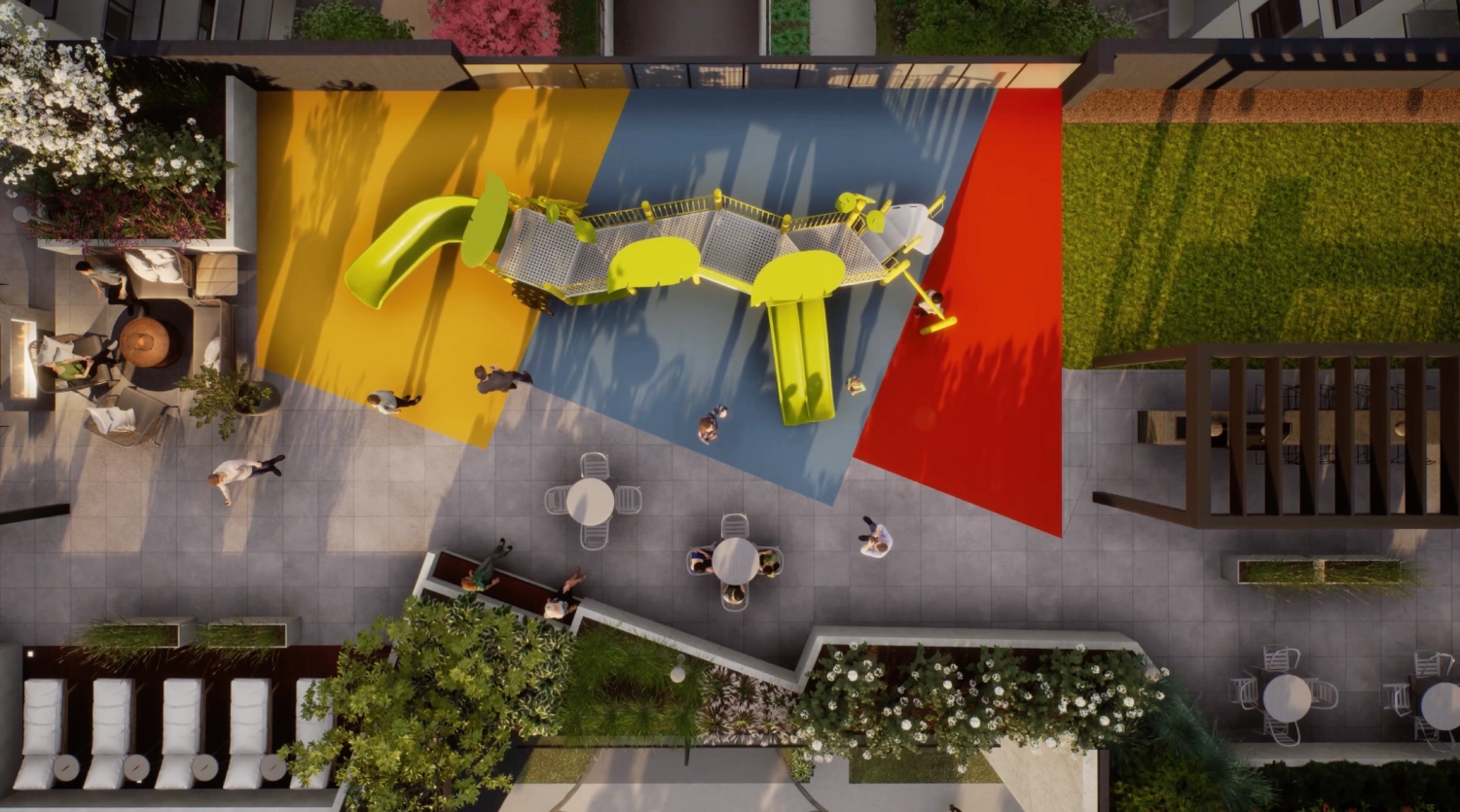 Outdoor children's play area with play structures at Weber Yards