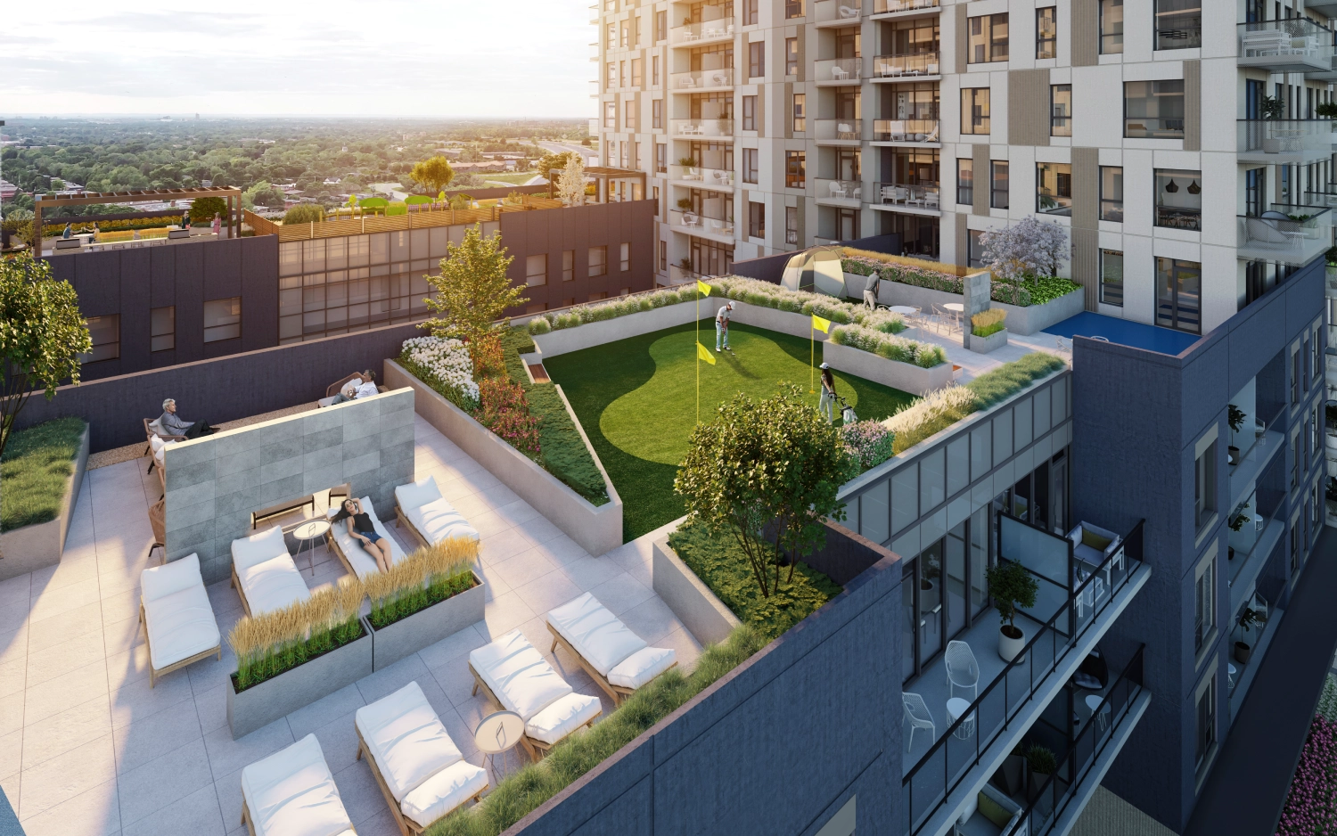Outdoor lounge and putting green on the terrace at Weber Yards