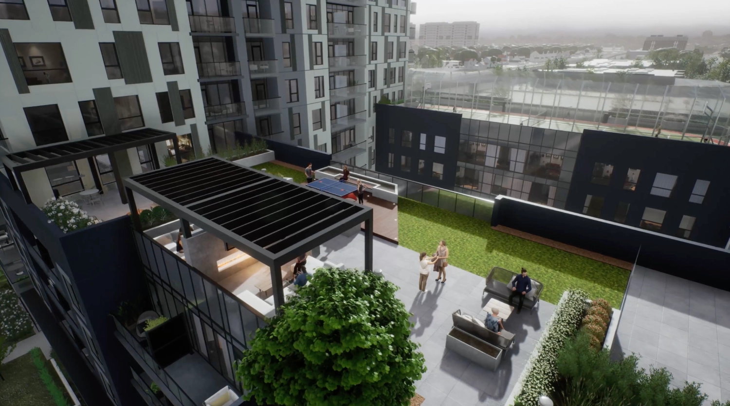 Shaded pergolas providing covered seating on the outdoor terrace at Weber Yards