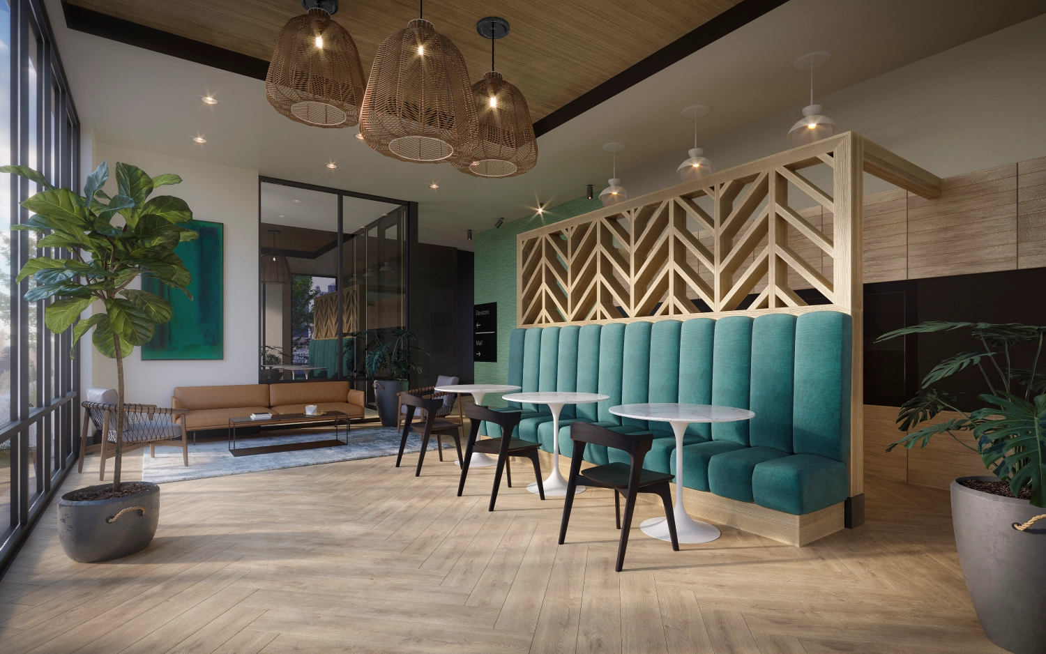 Beautifully designed lobby at Circuit with modern couches and banquet-style seating