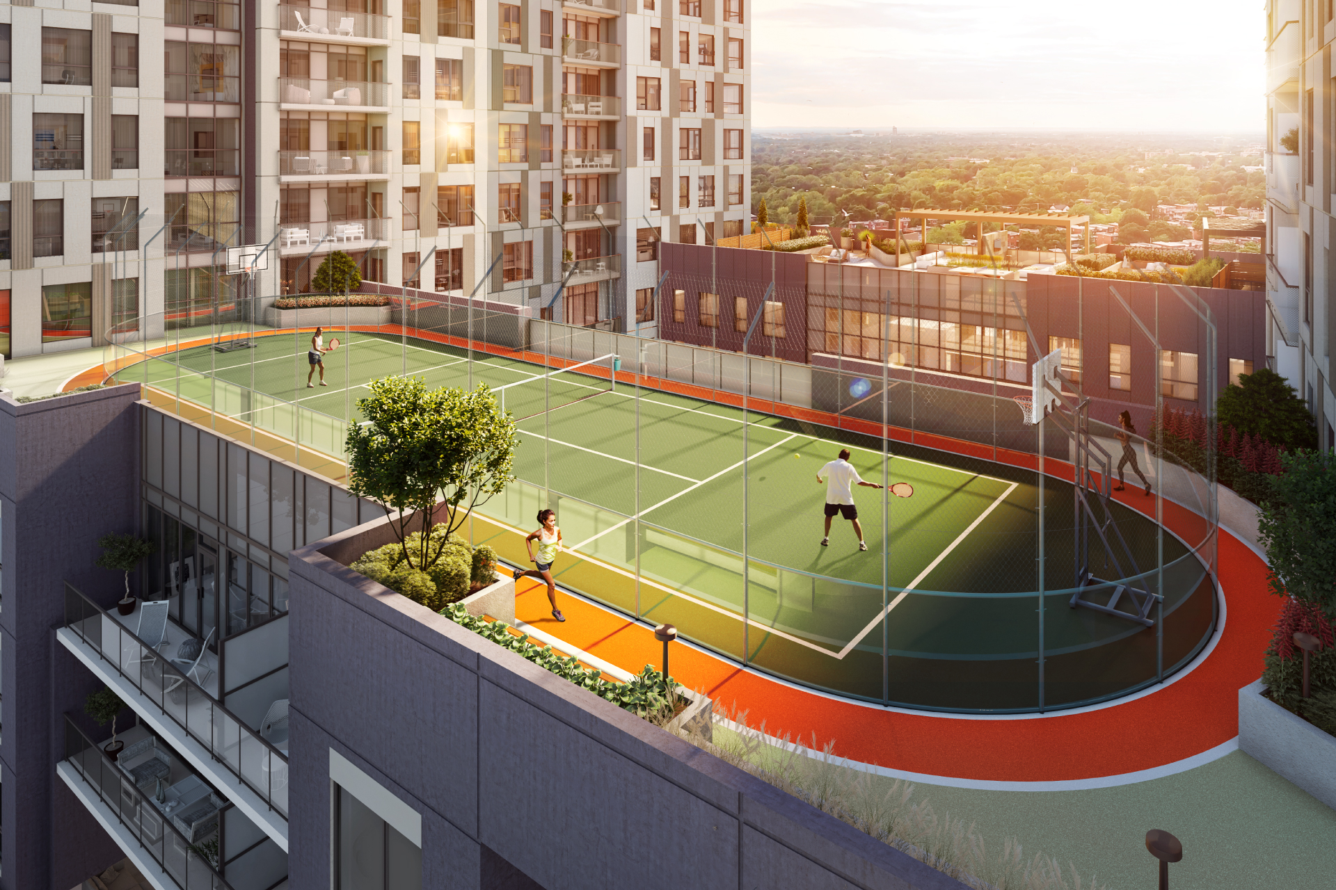 Outdoor tennis court and running track amenity at Weber Yards